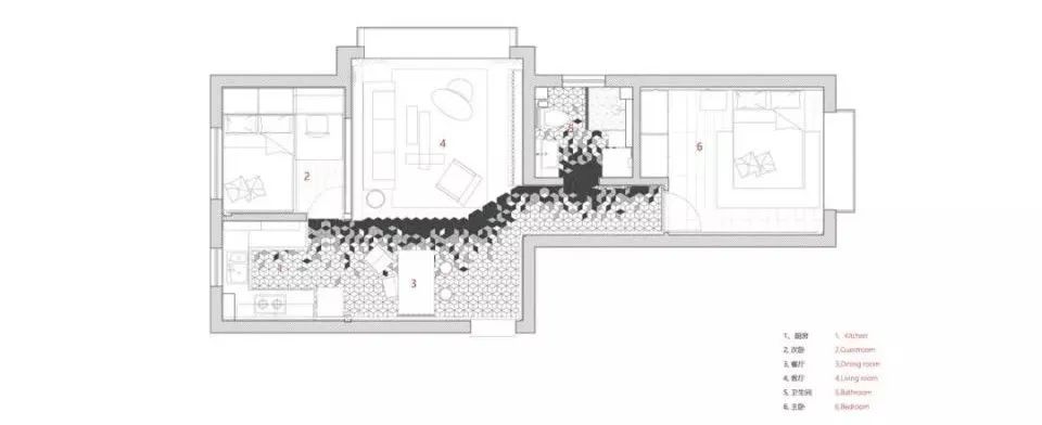 64平的简约风小户型二居室，几何六边砖搭配温馨木质